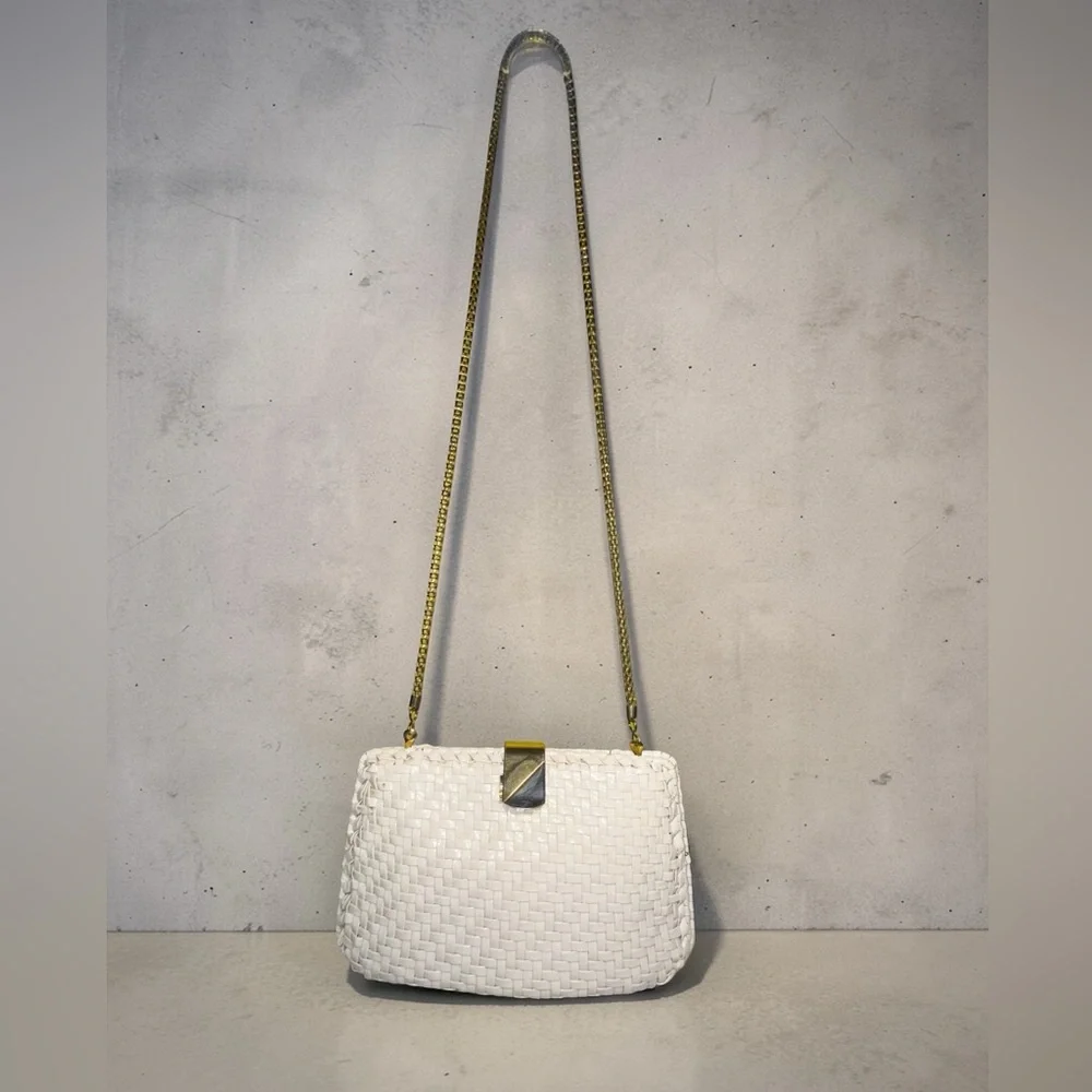 Vintage White Woven Clutch Purse Gold Chain Strap Convertible Shoulder Bag - Picture 3 of 8